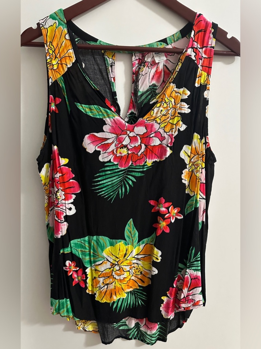 Old Navy Black Floral Tank Top with Pink, Yellow & Green